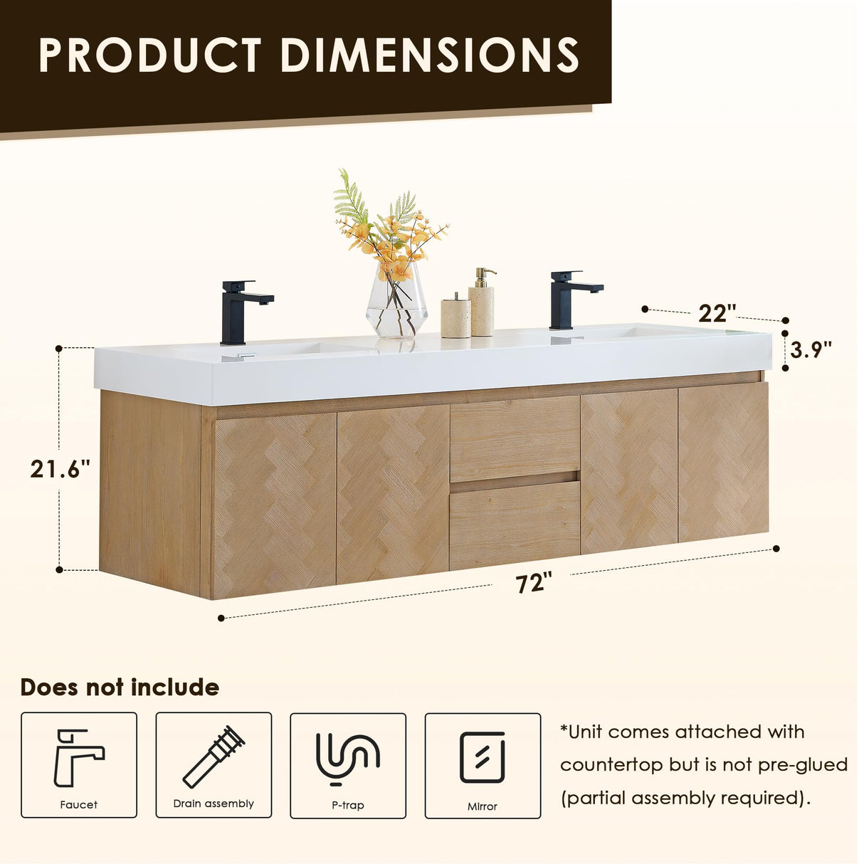 72 Inch Floating Sink Bathroom Vanity Wall Mount Double Vanities Overflow Mordern Large Storge Cabinet with Ceramic Countertop Double Soft Closing Drawers Pre-Assembled ALTAIR