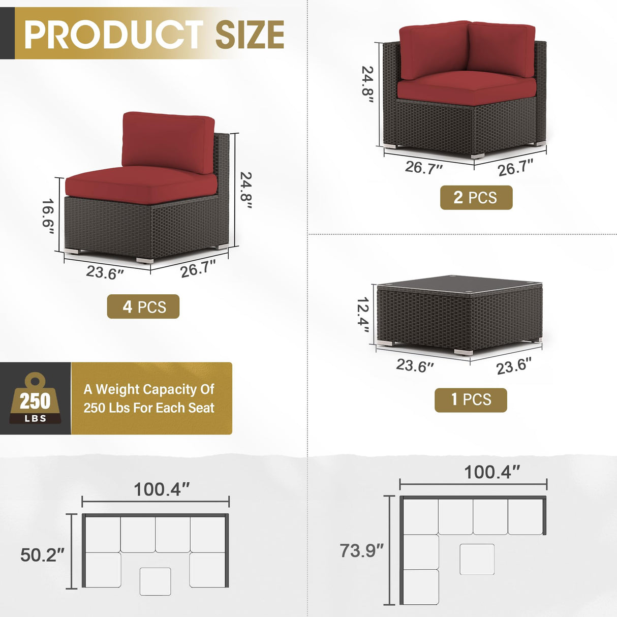 Crownland 7 Pieces Outdoor Patio Furniture Sets, All-Weather Black Wicker Rattan Sectional Sofa, Modern Glass Coffee Table and Washable Seat Cushion with Zipper(Red) Crownland