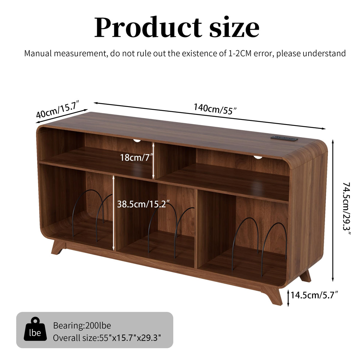 Boweniog Record Player Stand with Vinyl Storage Cabinet with Charging Station & USB Ports, Turntable Stand Table Holds Up to 350 Albums, Curved Vinyl Record Cabinet for Living Room (Walnut, 55-inch) Boweniog