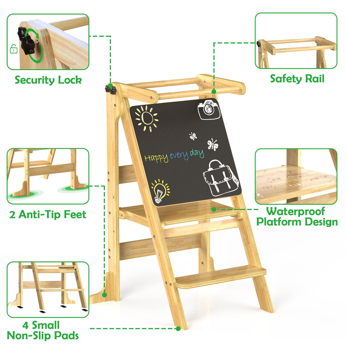Toddler Tower Foldable - Kids Kitchen Step Stool with 3 Adjustable Heights & Safety Rail, Montessori Tower with Chalkboard for Learning, Standing Tower Helper Stool for Kitchen Counter Sink (Natural) SAUCE ZHAN