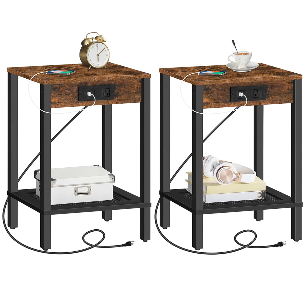 HOOBRO Side Table with Charging Station, Set of 2 End Tables with USB Ports and Outlet, Nightstand with 2-Tier Storage Shelf, for Living Room, Bedroom, Small Space, Rustic Brown and Black BF91UBZP201 HOOBRO