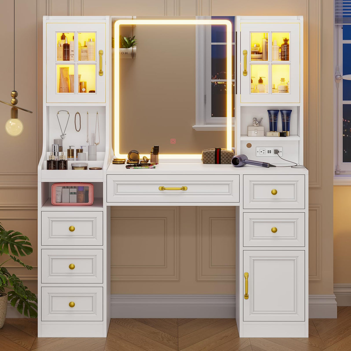 BTHFST White Vanity Desk with Touch Screen Mirror and Lights, Large Makeup Vanity with RGB Light Cabinets & Charging Station, 6 Drawers, 5 Jewelry Hooks, Vanity Table with Lighted Mirror BTHFST