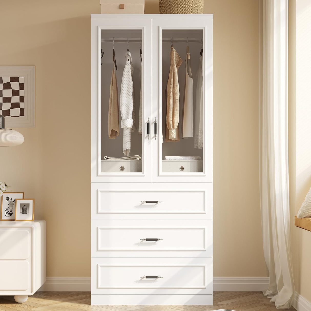MEISSALIVVE Armoire Wardrobe Closet with 2 Door & 3 Drawers, 74.8" Large Wardrobe Cabinet with Hanging Rod, Freestanding Modern Bedroom Armoire Storage Cabinet, White MEISSALIVVE