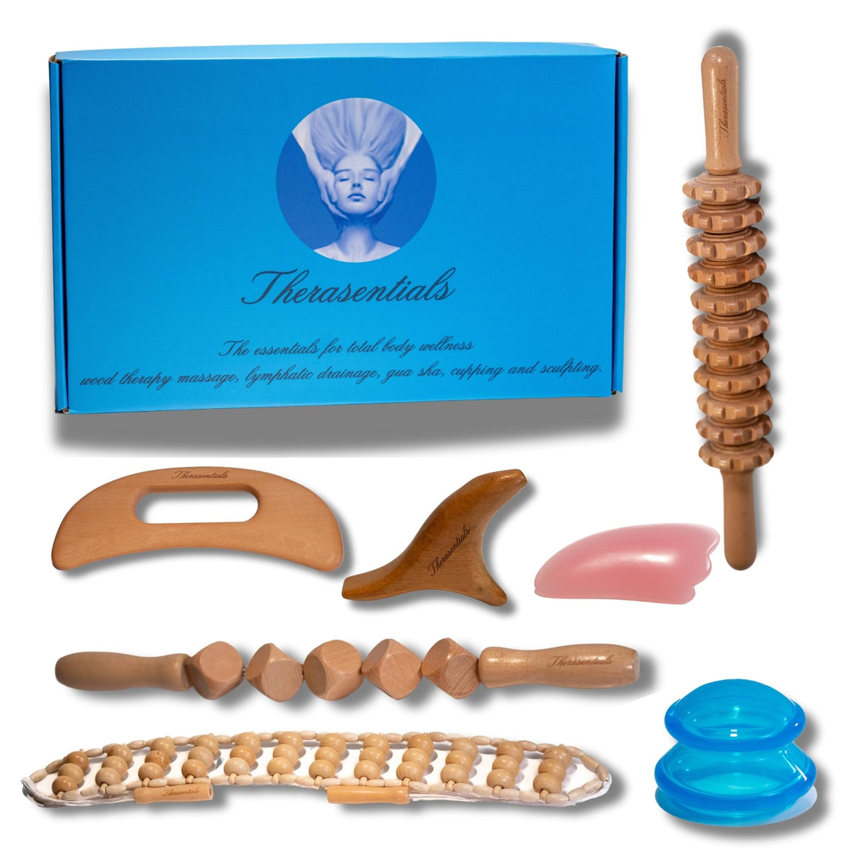 Wood Therapy Massage Tools 8-in-1, Lymphatic Drainage Massager, Maderoterapia Kit - Anti Cellulite Complete Body Sculpting Tools for Total Relaxation & Relief - Massager Tool for Anti Aging Therasentials