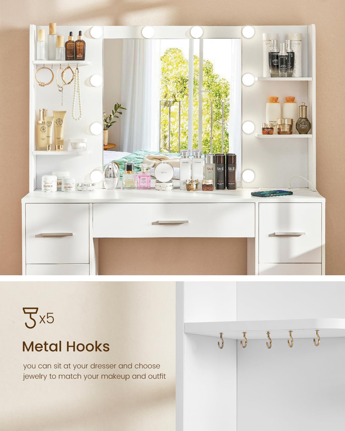Quimoo Large Vanity Desk with LED Lighted Mirror & Power Outlet,Makeup Vanity Table with 7 Drawers,4 Shelves and 5 Hooks,Vanity Table, Vanity Desk Set for Bedroom,Bathroom,White Quimoo