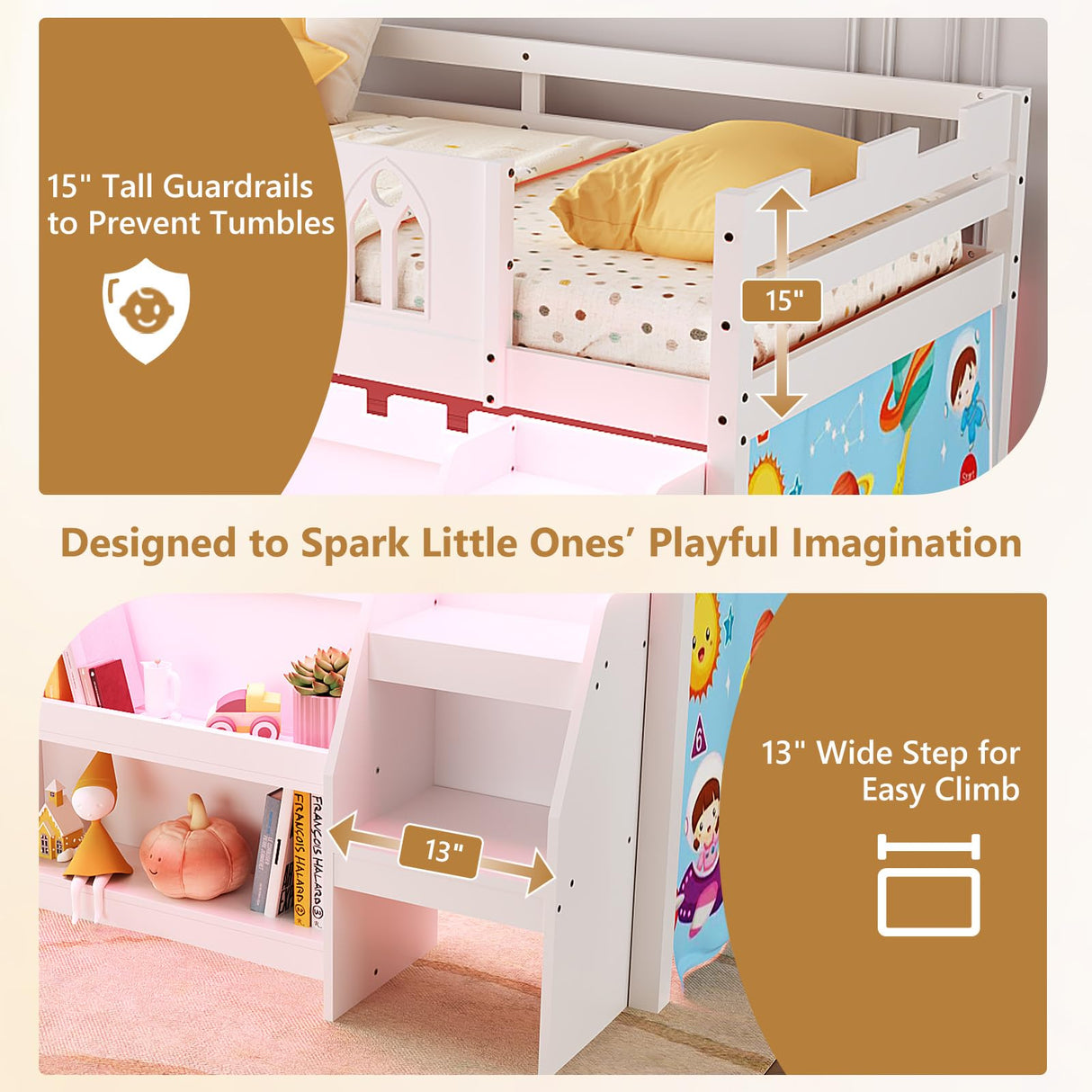 JOYMOR Low Loft Bed with LED Lights, Twin Loft Bed with Stairs, Safety Guardrail, Curtain, Wooden Bed Frame for Kids with Storage Bookcase and Under-Bed Play Space (White) JOYMOR