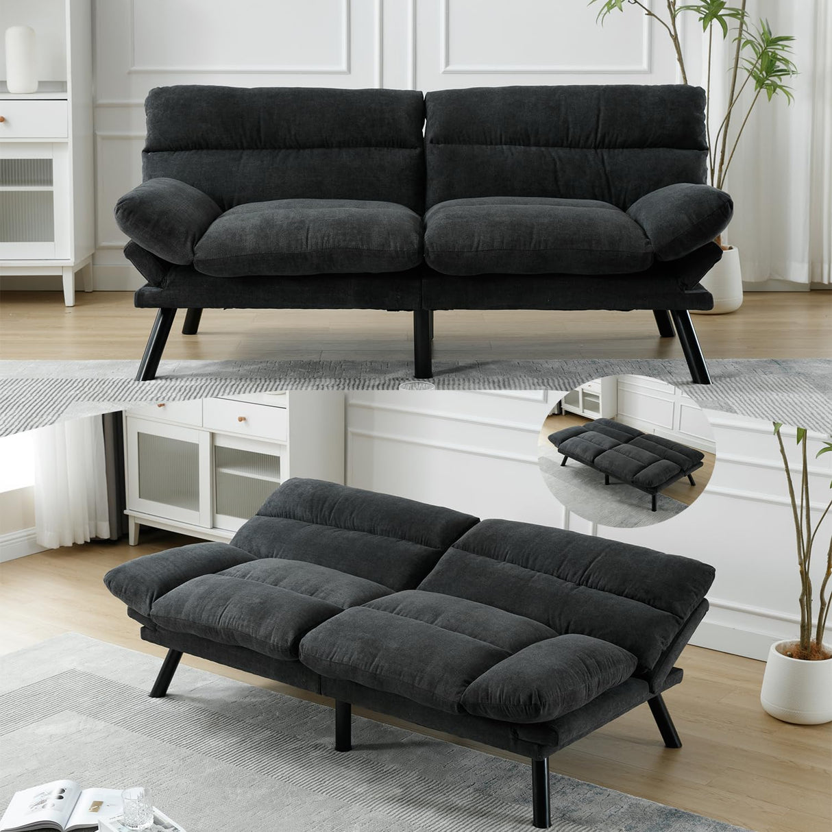 70“Futon Sofa Bed,Convertible Folding Futon Couch Breathable Small Couch,Upholstered Double Loveseat Bed for Compact Living Studio in Room and Bedroom,Offices,Family,Dorm (Dark Gray Linen) Klwenas Maec