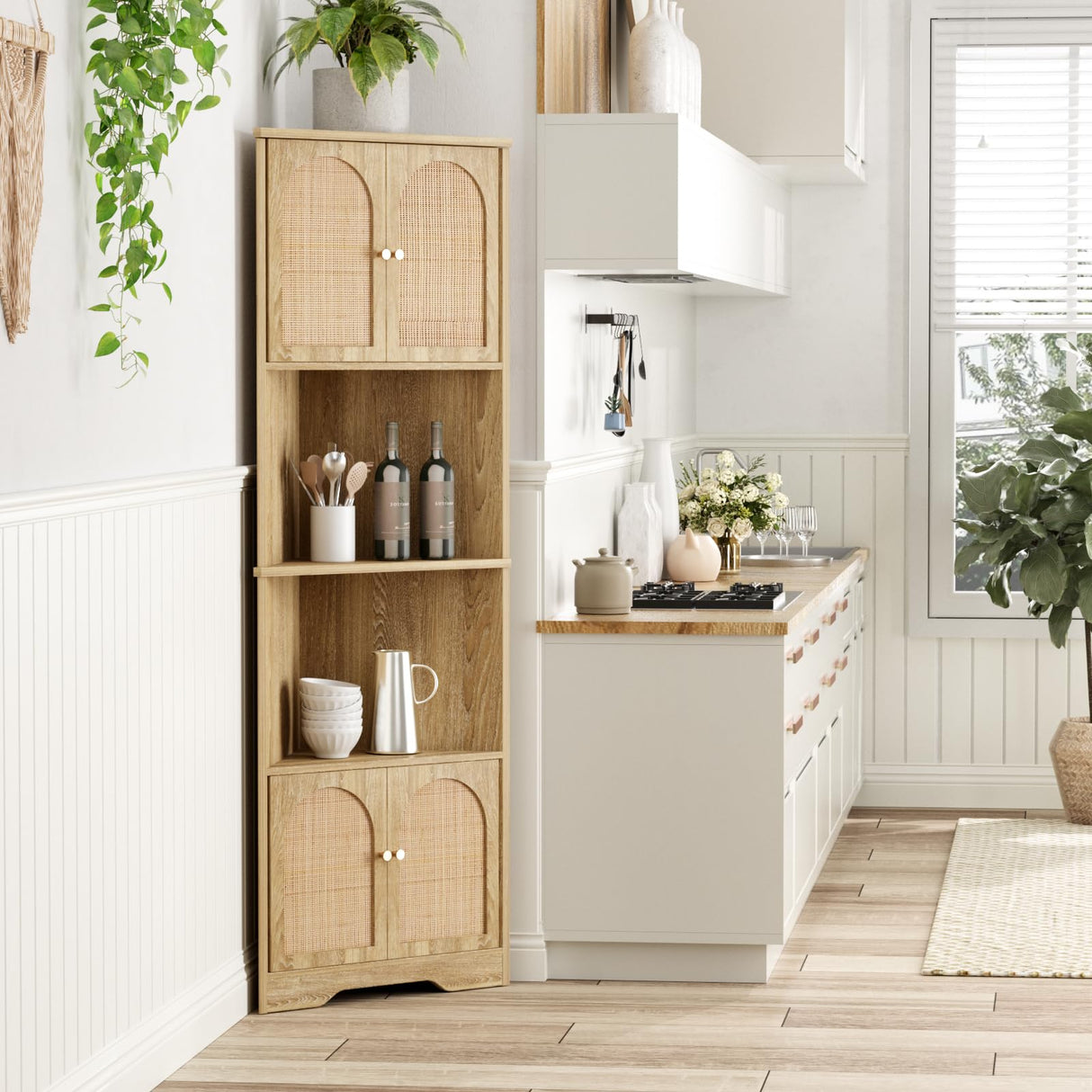 FiveWillowise 67''H Tall Corner Cabinet with Handmade Rattan Door, Rattan Storage Cabinet with Adjustable Shelves, Corner Bookshelf Space Saver for Barthroom, Kitchen, Natural FiveWillowise