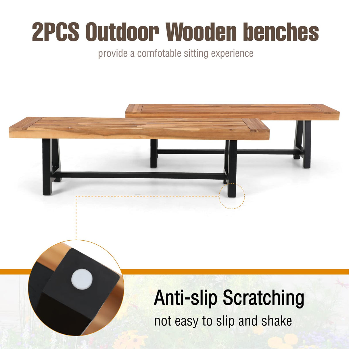 MFSTUDIO Outdoor Patio Bench Set of 2 Acacia Wood 63" Long Rectangular Dining Picni Benches for Backyard, Garden, Lawn, Porch MFSTUDIO