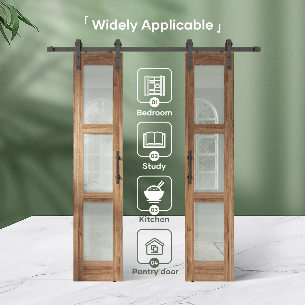 FREDBECK Double 18 x 84 inch Glass Barn Doors 36inch Barn Door with 6.6FT Hardware Kit & Handle Included,3-Panel Frosted Glass,LVL Wood Panel,Water-Proof PVC Surface,Pre-Drilled Holes,Need Assembly FREDBECK