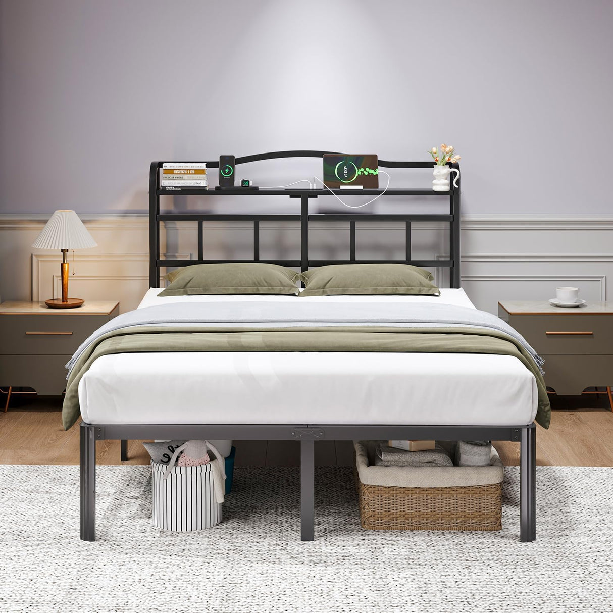 HAVONIZD Full Size Bed Frame - Storage Headboard with Charging Station, 14 Inch Sturdy Metal Platform Bed Frame No Box Spring Needed, Easy Assembly, No Noise, Black HAVONIZD