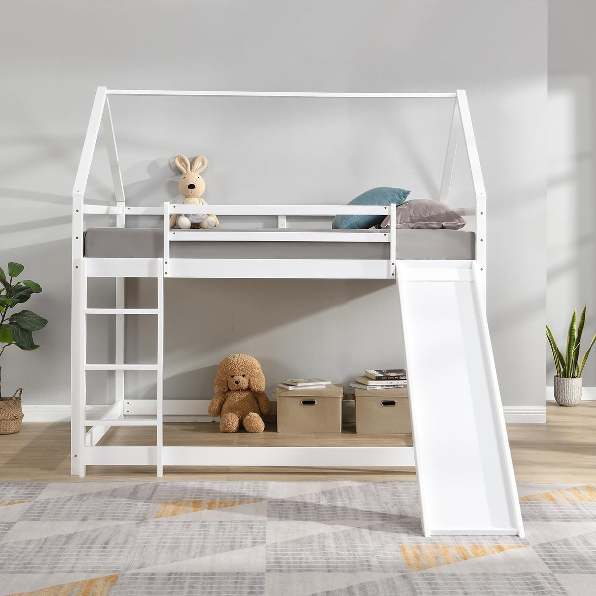 Full Size Loft Bed with Slide, Space Saving House Bunk Beds for Kids Bedroom Furniture, Pine Wood Bed Frame with 12.4" High Safety Guardrail & Ladder, No Box Spring Needed, Teens, Girls, Boys, White Obuvar