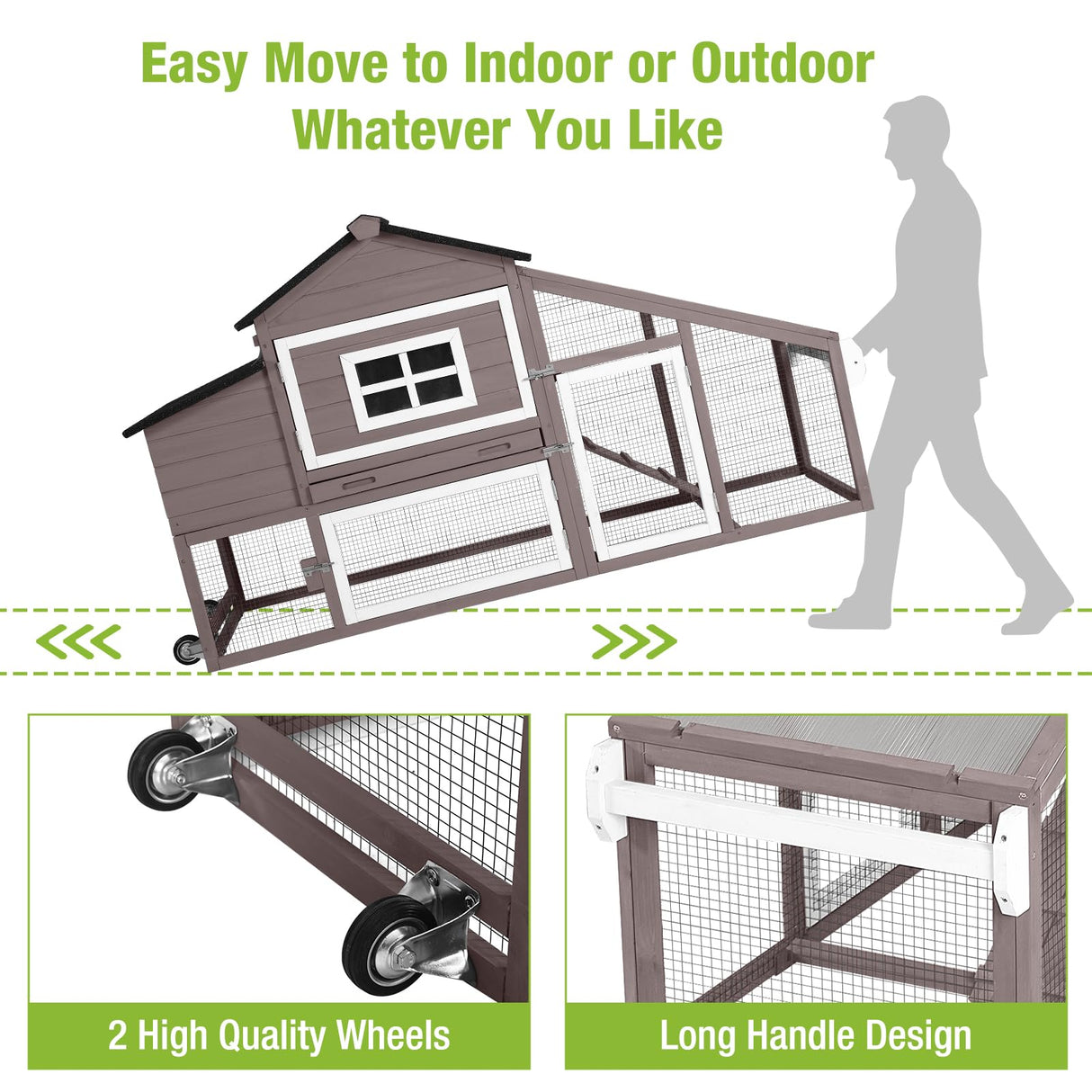 GUTINNEEN Chicken Coop Mobile Chicken House On Wheel Outdoor Rabbit Hutch for 2-4 Chickens 67"(Blown) GUTINNEEN