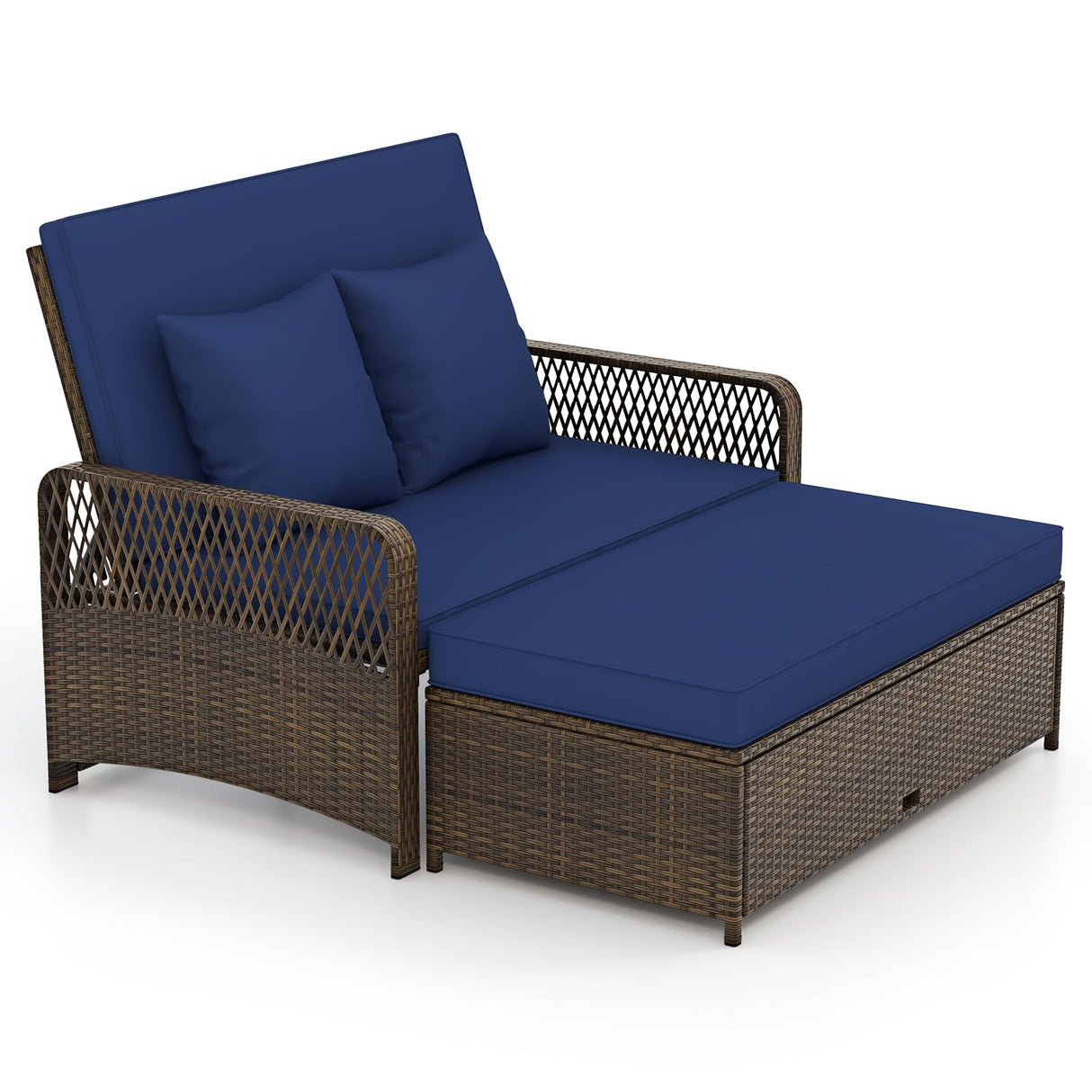 Tangkula Patio Adjustable Wicker Daybed, Rattan Loveseat & Storage Ottoman w/ 4-Level Backrest & Soft Cushions, Space-Saving 2-Person Sun Lounger for Backyard, Porch (Navy) Tangkula