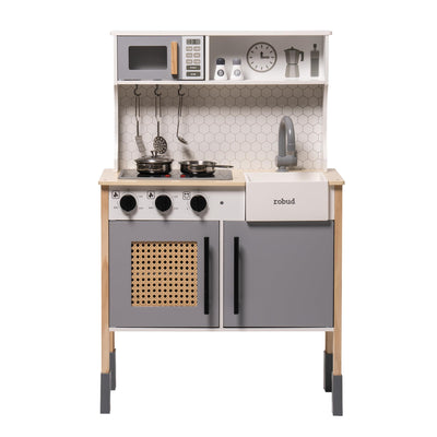ROBUD Play Kitchen for Kids, Wooden Play Kitchen Set with Sounds & Lights, Modern Vintage Pretend Play Kitchen Set for Toddlers, Gift for Boys & Girls, 3+ (Gray)