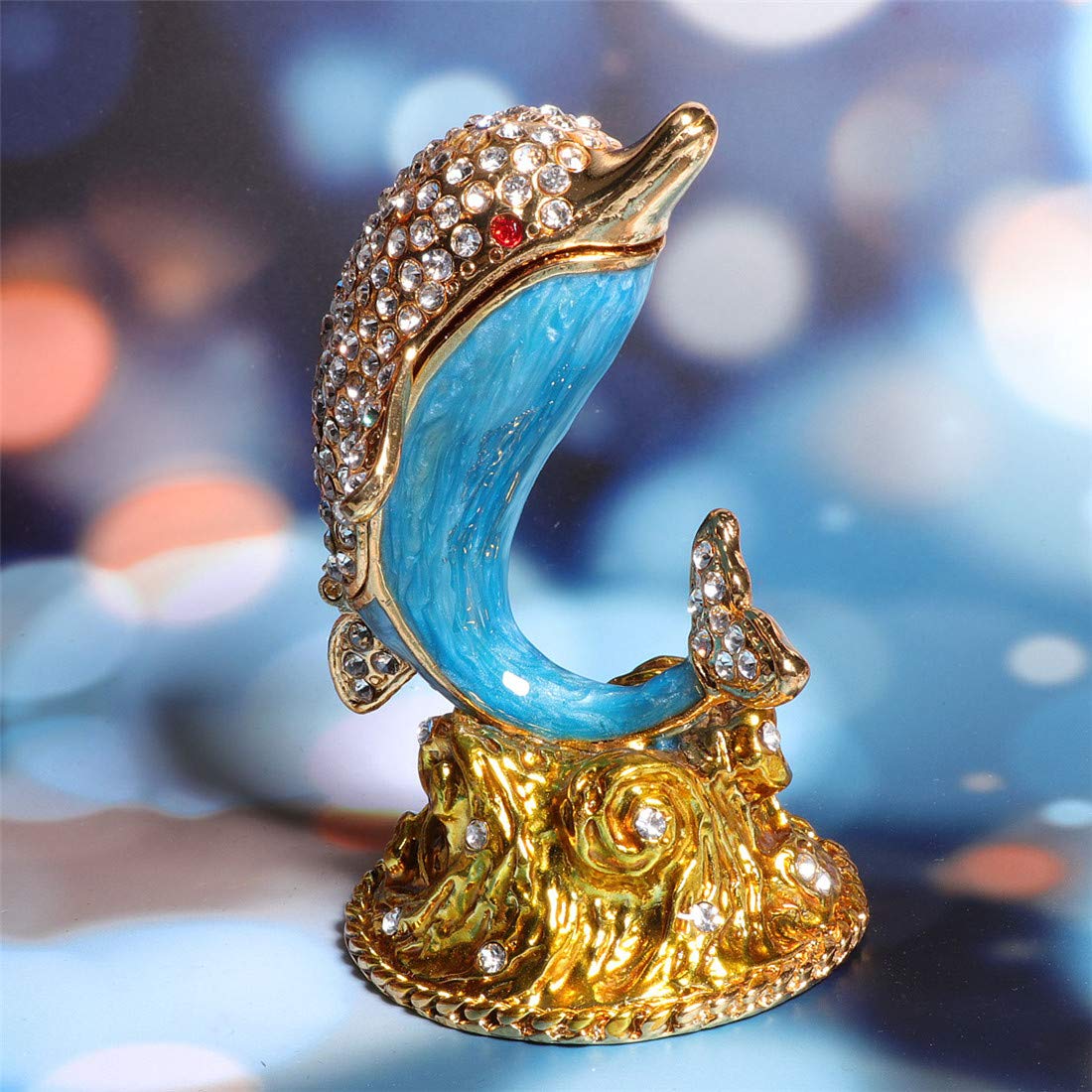 Waltz&F White diamond dolphin Hand Painted Enameled Decorative Hinged Jewelry Animal Trinket Box Unique Gift For Home Decor Waltz&F