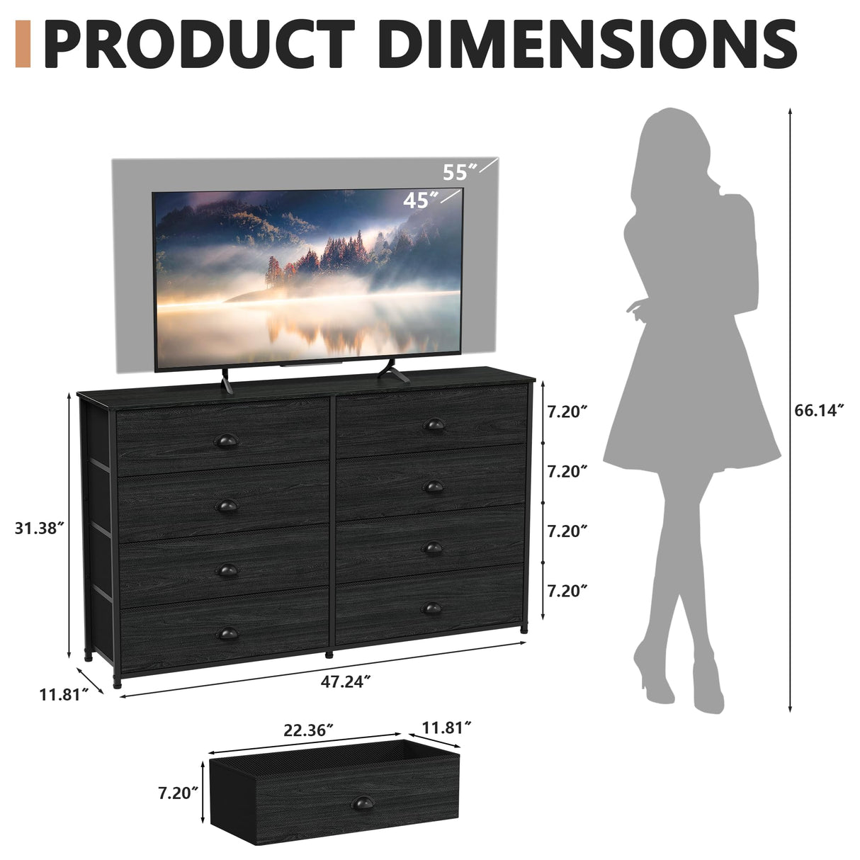 Furnulem Wide Dresser with 8 Fabric Drawers, TV Entertainment Center with Storage for 55'' TV, Large Chest of Drawers for Bedroom, Living Room, Dorm, Closet, Entryway, Wood Top (Black Oak) Furnulem