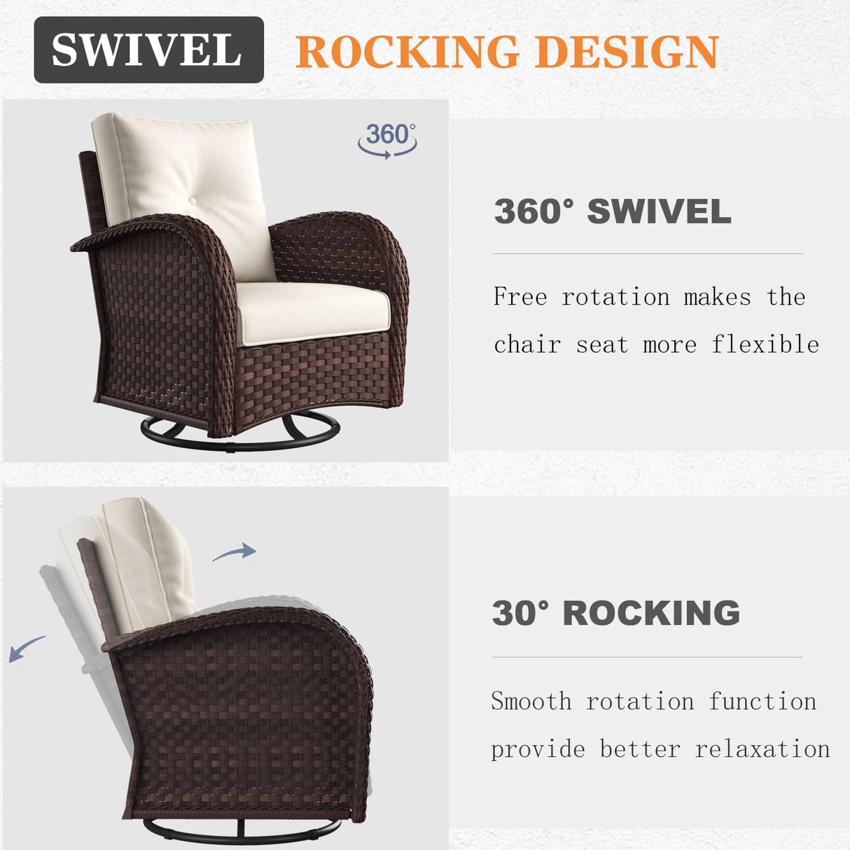 Vakollia 9 Pieces Patio Furniture Sets, Wicker Rattan High Back Outdoor Swivel Rocking Chairs Set with 3-Seat Couch, Ottomans and Side Table Vakollia