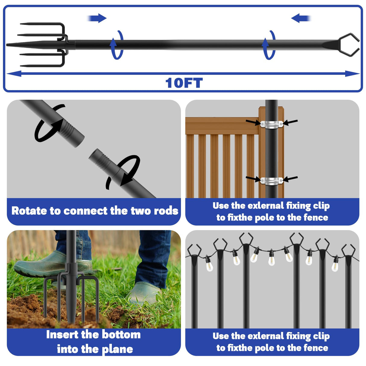 6 Pack 10 ft Heavy Duty Metal String Light Poles Adjustable Outdoor Lighting Stand for Patio,Backyard,Garden,Party & Wedding Rustproof & Sturdy with Hooks talkhigh