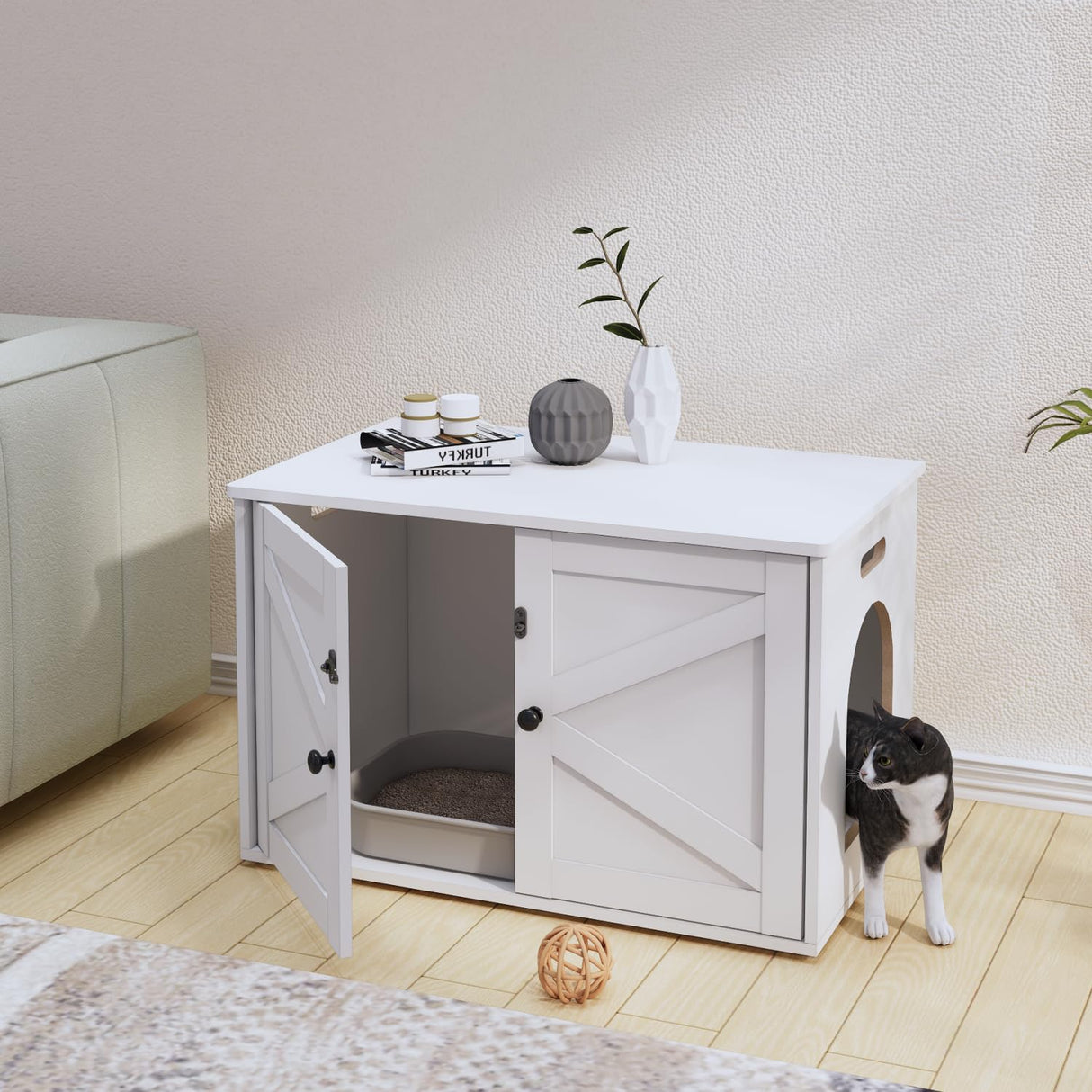Timberer Cat Litter Box Enclosure, Litter Box Furniture Hidden with Removable Divider, Wooden Cat Washroom Furniture, Indoor Cat House, White Timberer