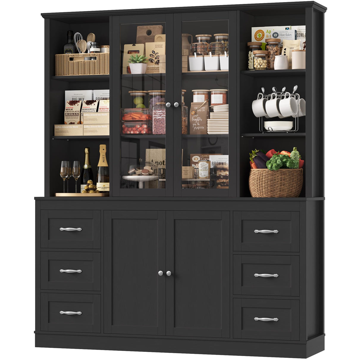 HIFIT 74.4'' Tall Kitchen Pantry Storage Cabinet, 63'' Wide Large Kitchen Hutch, Farmhouse Pantry Cabinet, Bookcases and Bookshelves with 6 Drawers & 4 Doors, Black Glass China Hutch for Living Room HIFIT