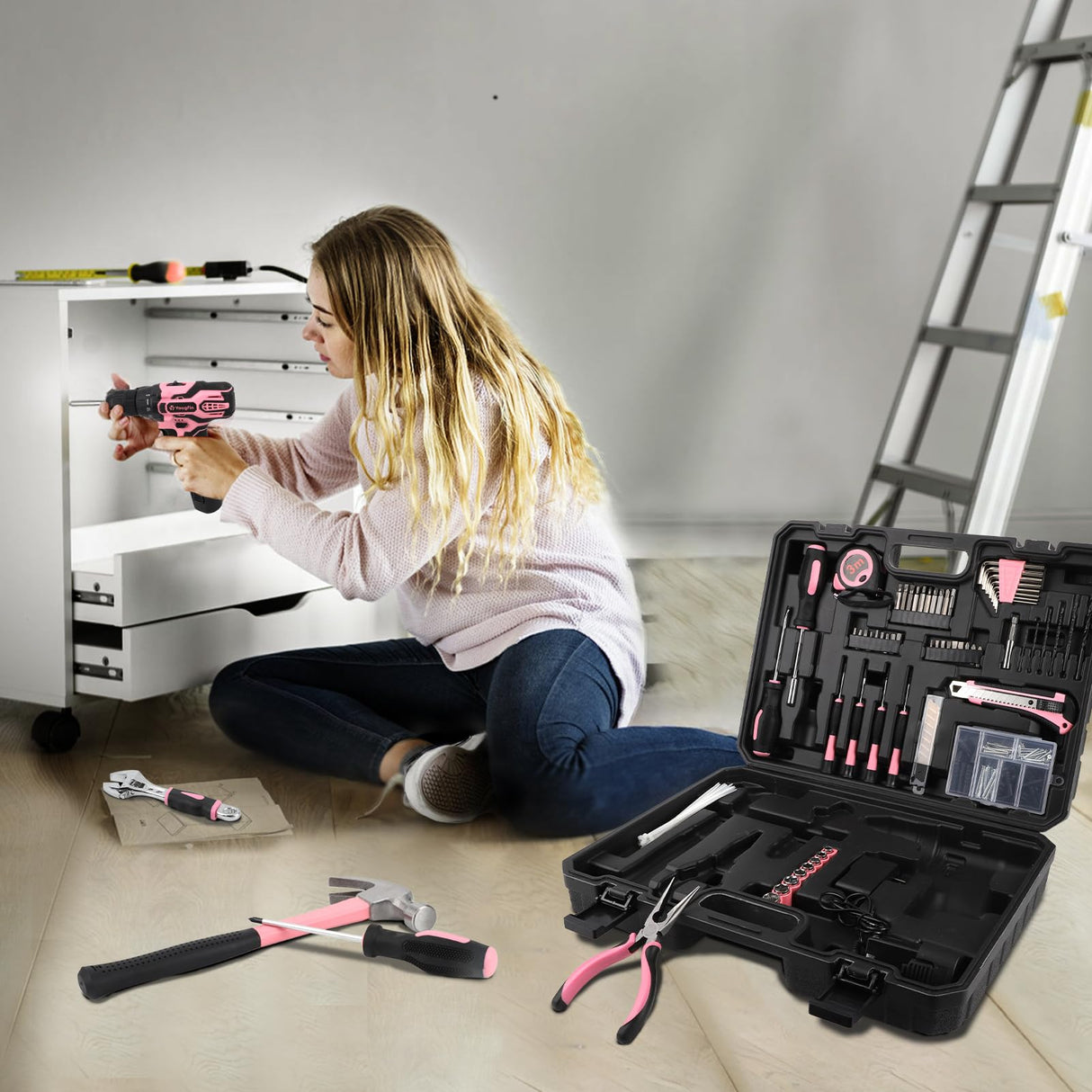 YOUGFIN Pink Drill Set for Women, Tool Kit with Drill 12V or Home Office Repairing & Improvement, Household Drill Set Power Tool with Pink Tool Box 195 Pieces Yougfin