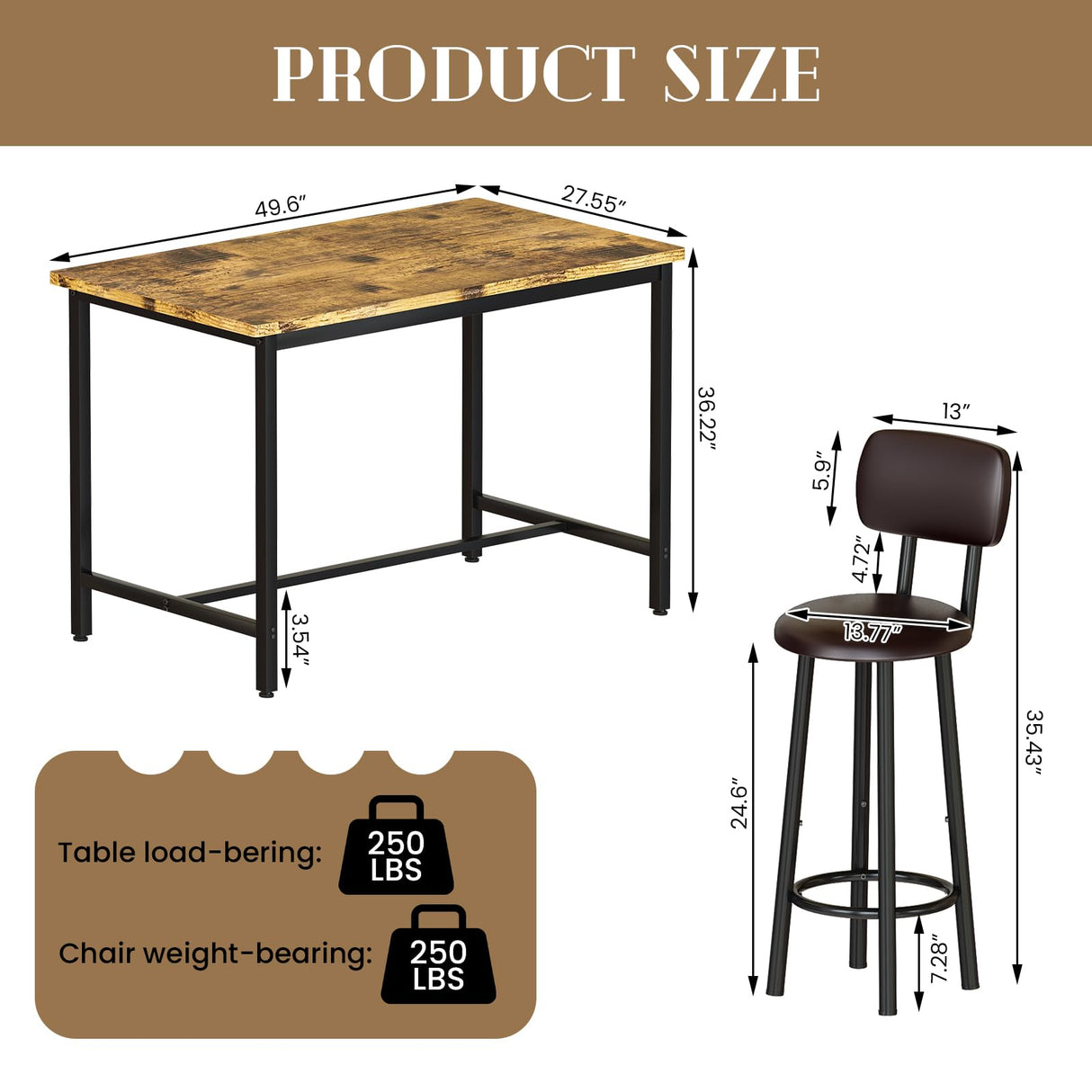 DKLGG 7-Piece Dining Table Set, 50" Bar Table Set for 6 with MDF & Metal Frame, Tall Dining with 6 PU Leather Chairs, Saving Space Pub and Chairs Sets for Bar, Kitchen, Brown DKLGG