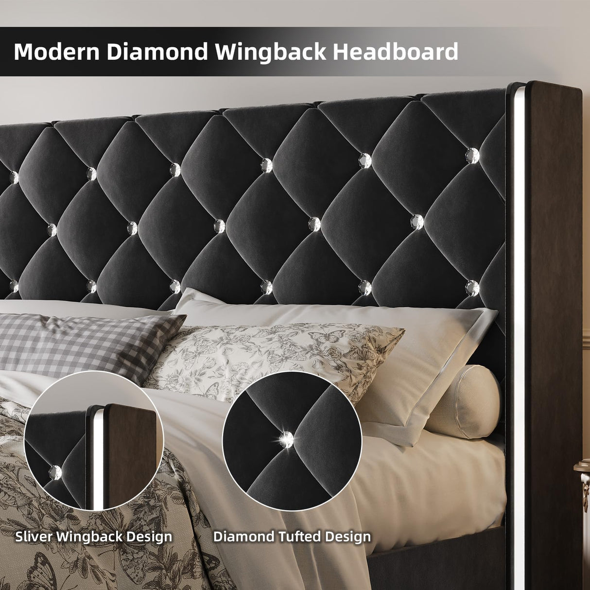 Twin Bed Frames, Upholstered Platform Bed Twin Size with Diamond Tufted Headboard, Modern Velvet Bed Frame with Wingback Design, No Box Spring Needed, Easy Assembly, Black HOMBCK