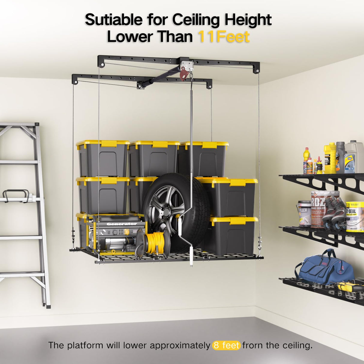 Overhead Garage Storage Rack, 4x4 Ft Garage Ceiling Storage Lift, Heavy-duty Ceiling Mounted Garage Storage Lift System for Garage Organization, 250lbs Weight Capacity KOKORACKER