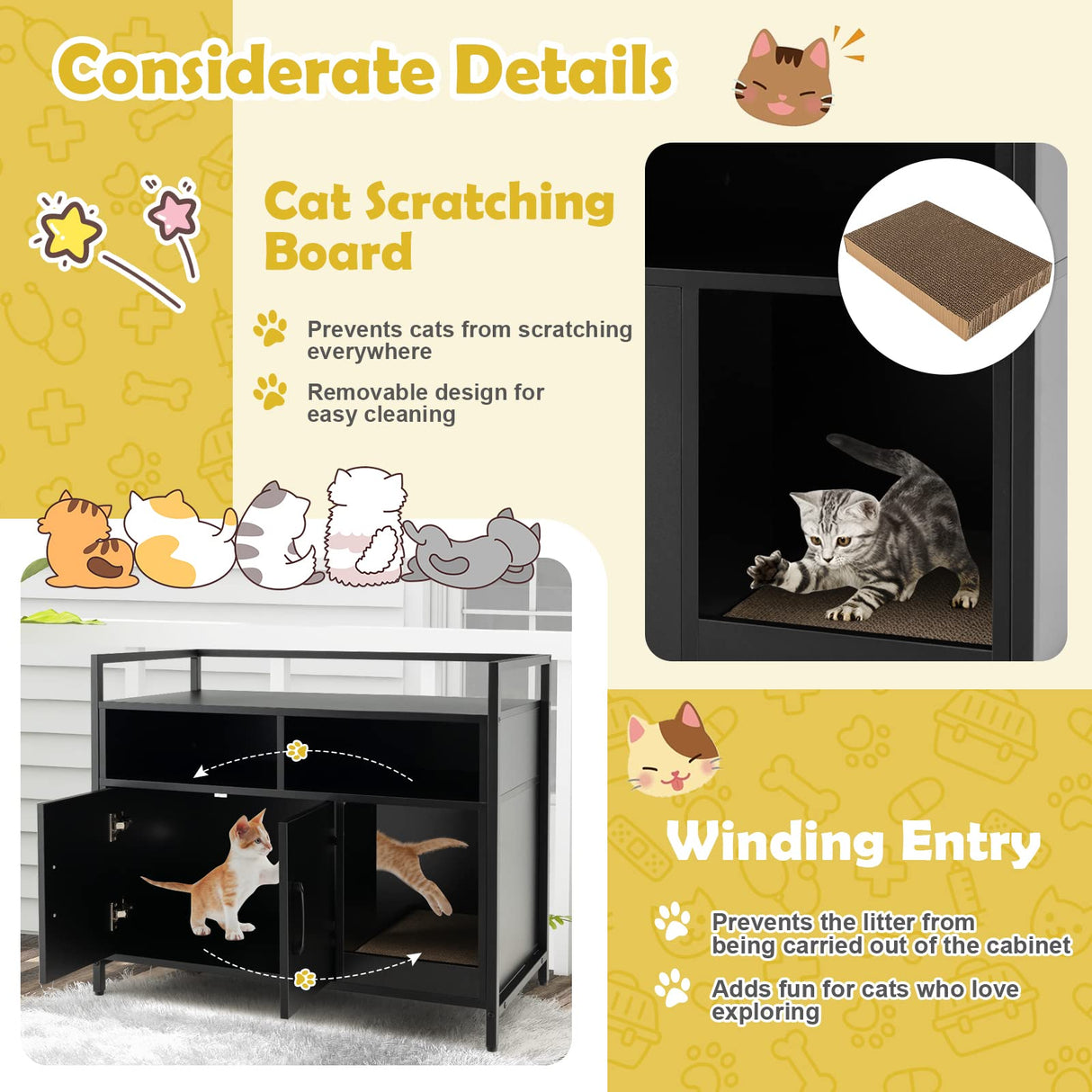 Tangkula Litter Box Enclosure, Cat Litter Box Furniture Hidden w/Metal Frame, Scratching Board, Storage Compartment, Wooden Cat Washroom, Indoor Cat House Side Table, Cat Box Cabinet (Black) Tangkula