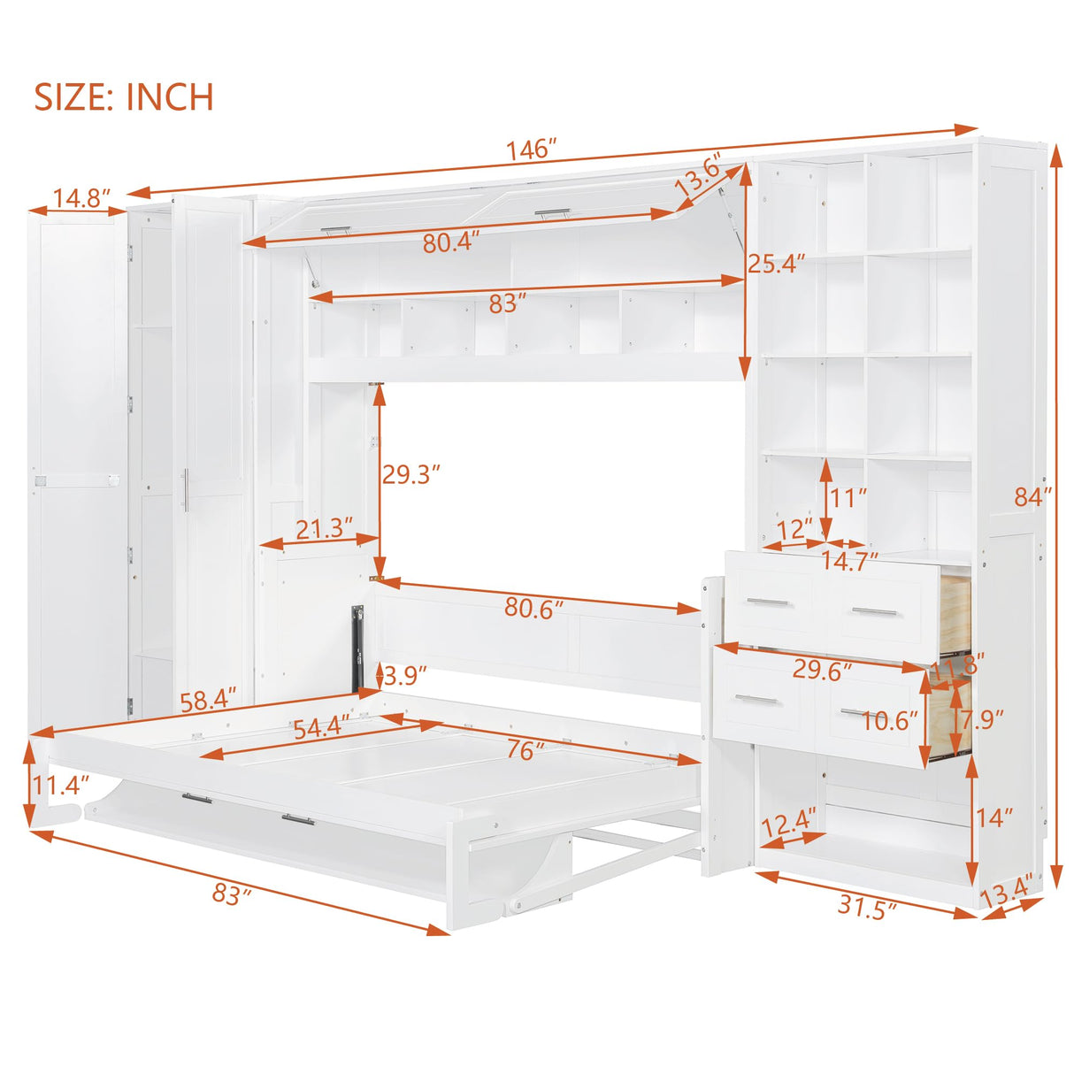 SOFTSEA Full Size Murphy Bed with Desk, Horizontal Murphy Bed with Storage Wardrobe Drawers and Shelves, Hidden Wall Bedframe for Guest Room, Bedroom, Office, White SOFTSEA
