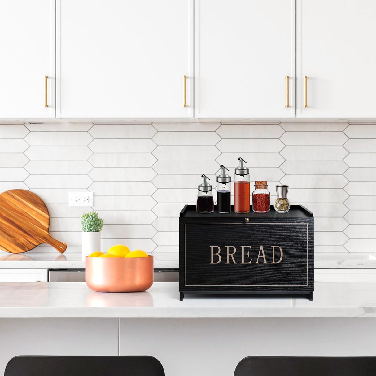 DECOCIAGA Bread Box for Kitchen Countertop, Large Capacity Bread Storage Container for Homemade Bread, Wooden Bread Holder Bread Bin for Kitchen Counter Corner, Cabinet, Pantry, Cupboard (Black) DECOCIAGA