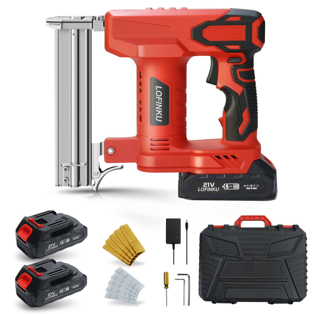 Cordless Nail Gun Battery Powered Brad Nailer, 2-in-1 Nail/Staple Gun, Electric Nail Gun,Brad Nailer Cordless, 2×2.0Ah Batteries,for Upholstery, Woodworking and Carpentry RED LOFINKU