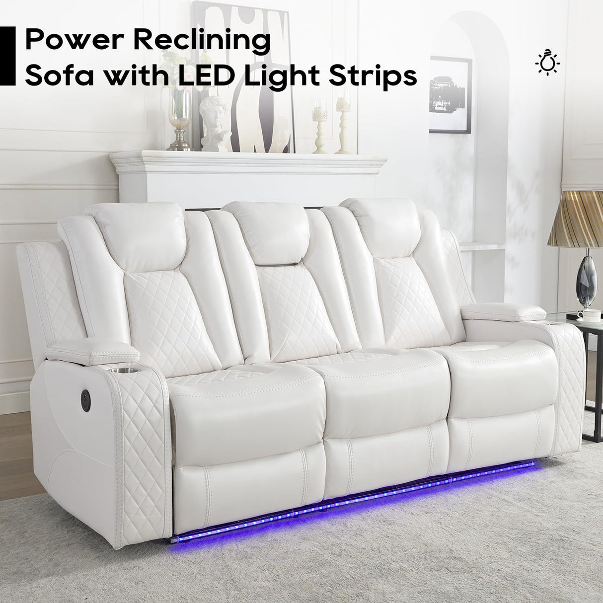 Power Reclining Sofa Couch with Wireless Charger, 3 Seaters with Recliner with Reading Light, Leather Electric 3 Seat Sofa Sectional Set for Living Room, Home Theater Seating with LED Lights, White Comfort Stretch