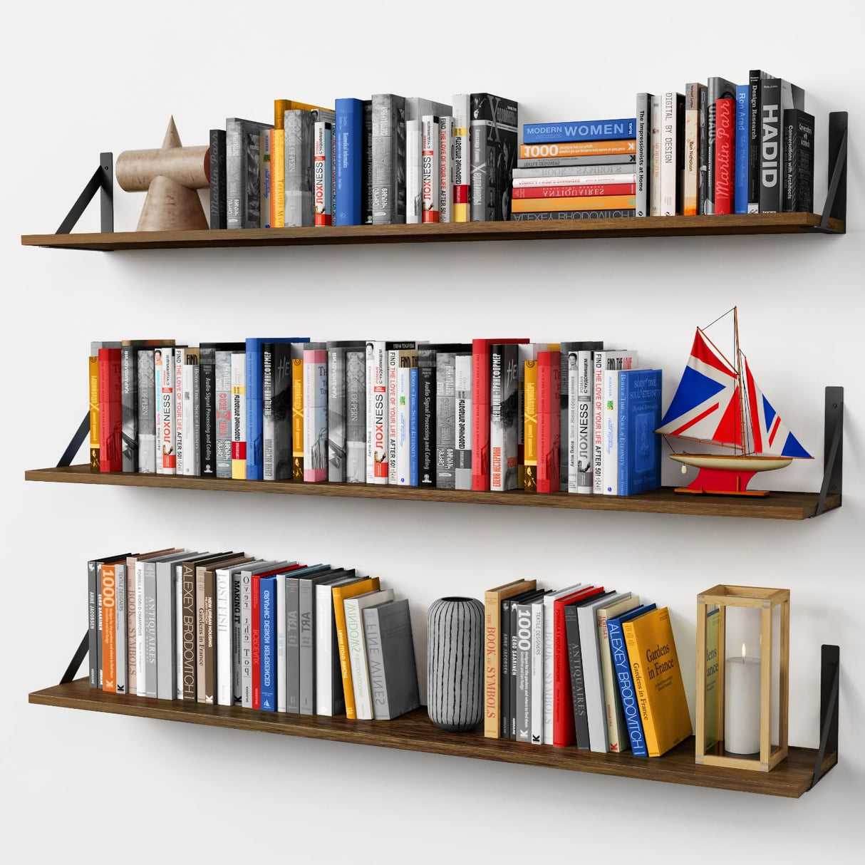 Forbena Large Floating Shelves for Wall 48 Inches Long Set of 3, Rustic Wo Wall Bookshelf for Bedroom Books, Wooden Hanging Bookshelves for Living Room Laundry Closet Kitchen Storage (Dark Brown) Forbena