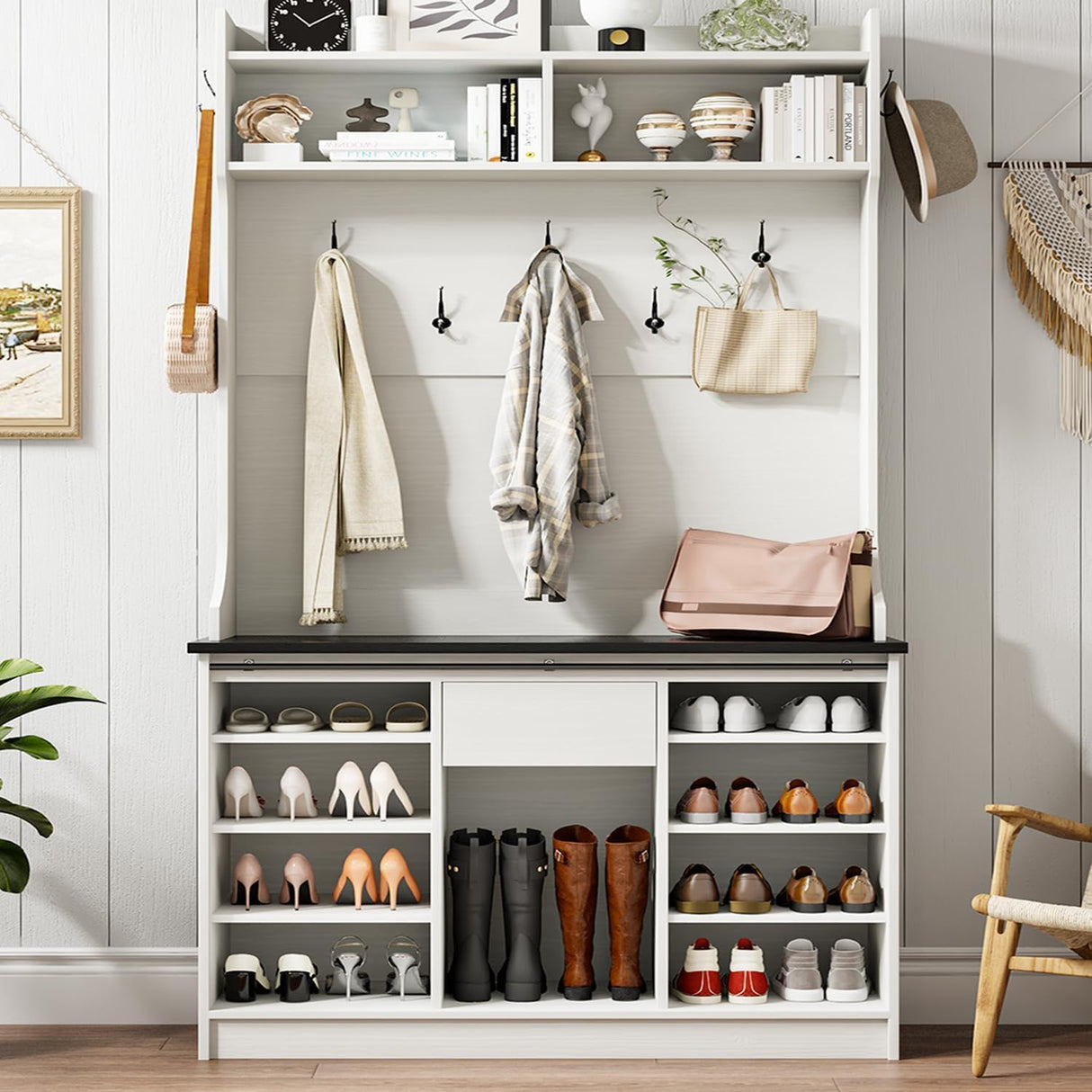 4ever2buy Farmhouse Hall Tree with Bench and Shoe Storage, 5-in-1 Farmhouse Hall Tree with Adjustable Shelf and Barn Doors, Entryway Bench with Coat Rack, White 4ever2buy