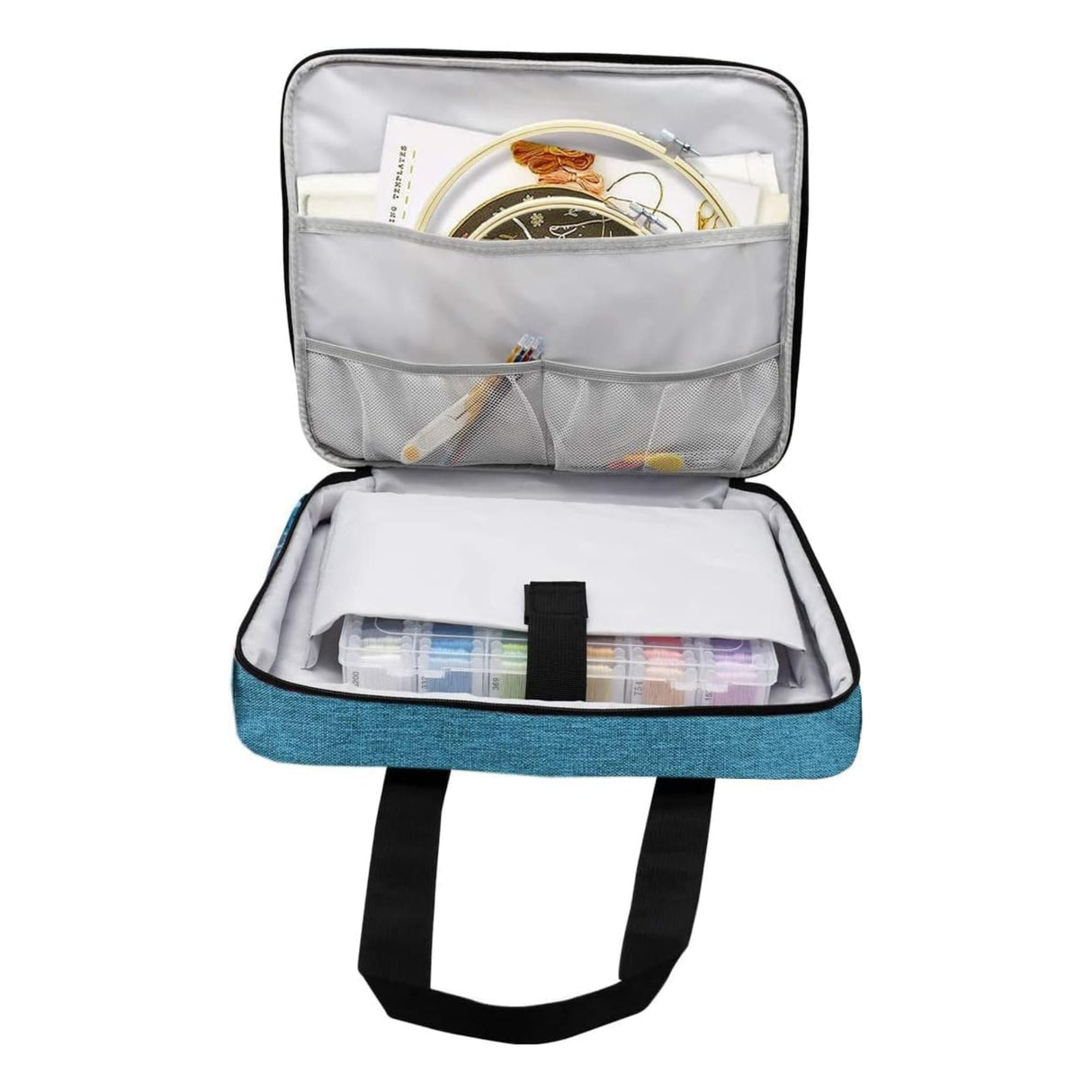 ATTERET Full Range Embroidery and Cross Stitch Starter Kit with Premium Storage Organizer Bag, Includes 99 DMC Coded Cotton Threads, 9 Metallic Floss, 3 Hoops, Needles, Scissors + More (Turquoise) ATTERET