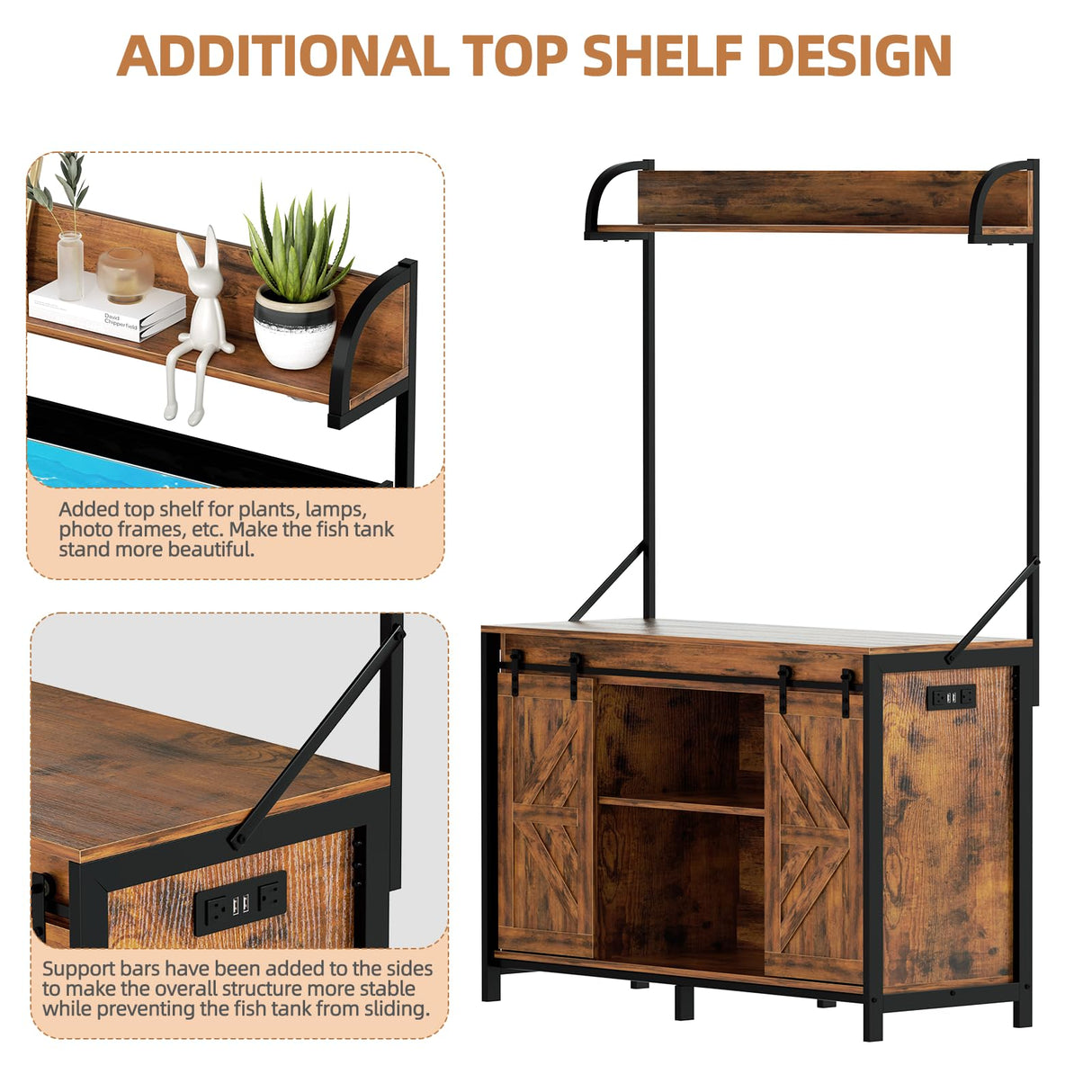 SYESWAY 55-75 Gallon Fish Tank Stand with Power Outlets, Heavy Duty Metal Frame Aquarium Stand with Barn Door, Turtle Reptile Terrariums Stand, 1000LBS Capacity, Brown SYESWAY