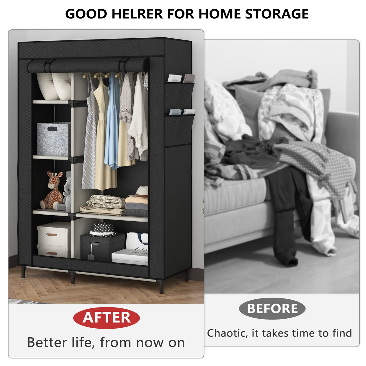 Buzowruil Canvas Wardrobe Portable Closet Wardrobe Clothes Storage with 6 Shelves and Hanging Rail,Non-Woven Fabric, Quick and Easy Assembly,Black Buzowruil