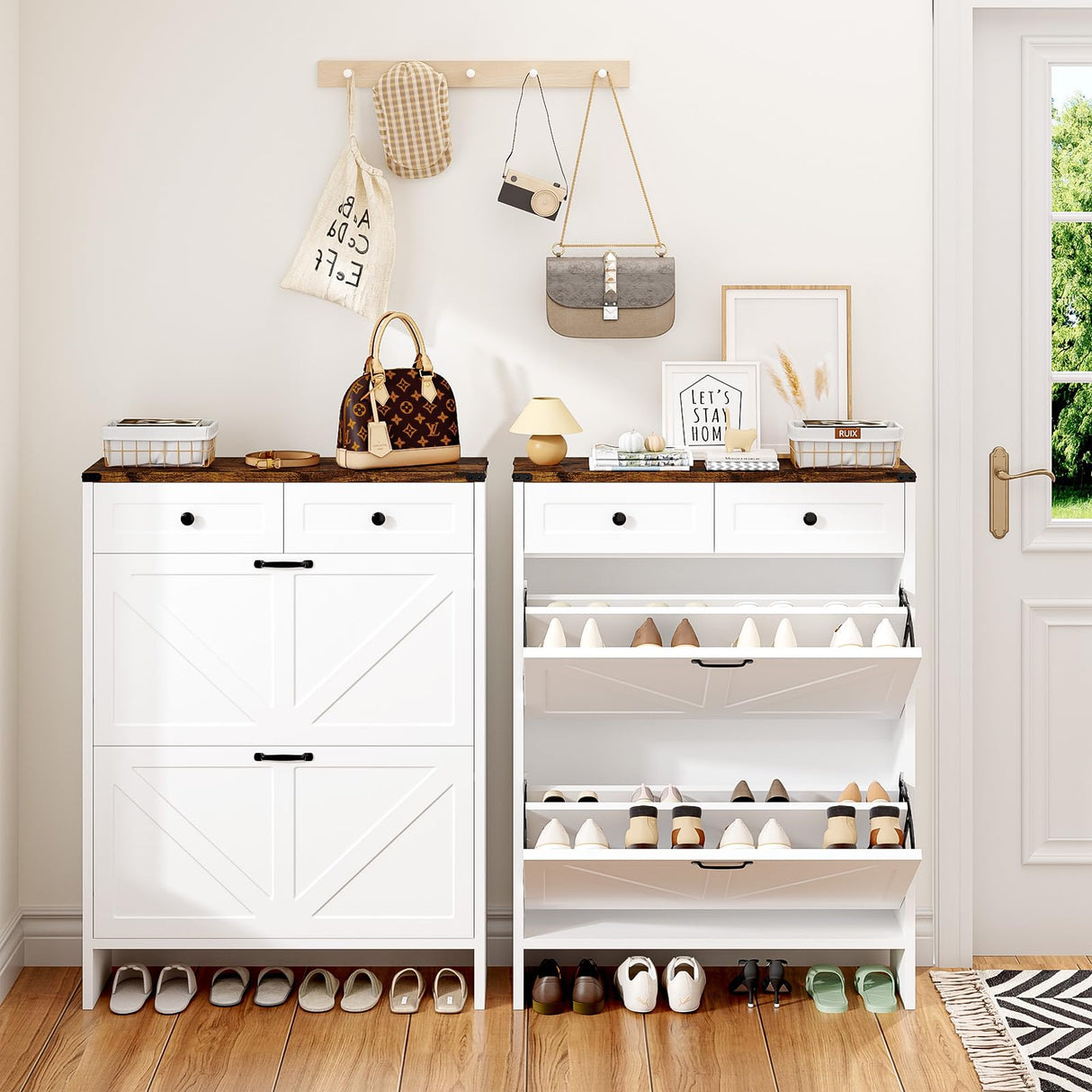 oneinmil Shoe Storage Cabinet, Farmhouse Shoes Organizer with 2 Flip Drawers & 2 Sliding Drawers, Freestanding Narrow Shoe Rack Cabinet for Entryway, Hallway, Living Room, White oneinmil