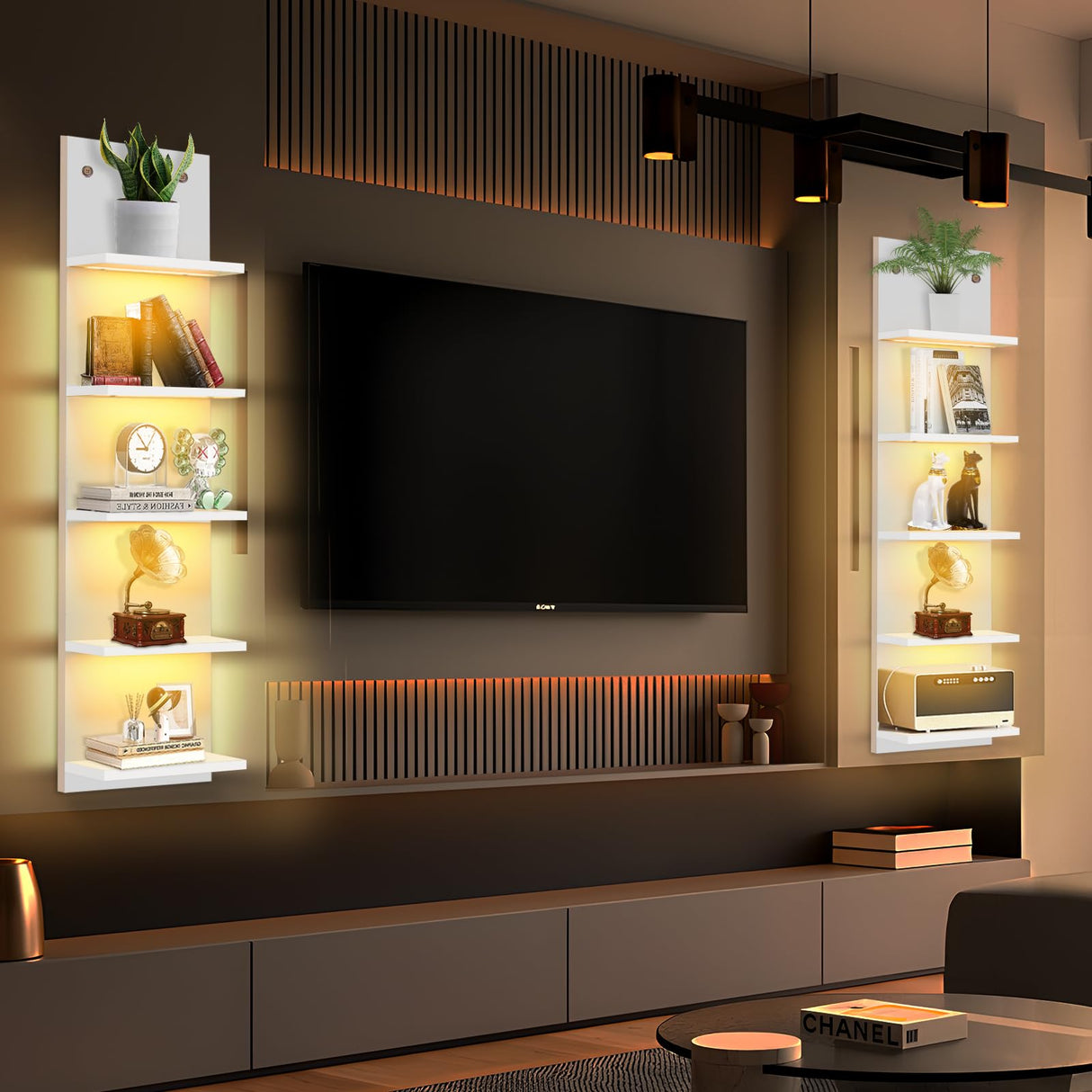 BEARUT 5 Tier White Floating Shelves with Light LED Wall Mount Vertical Lack Shelf with LED Wall Decor Shelves for Bedroom Living Rooms Bathroom Book Gaming Shelves White BEARUT