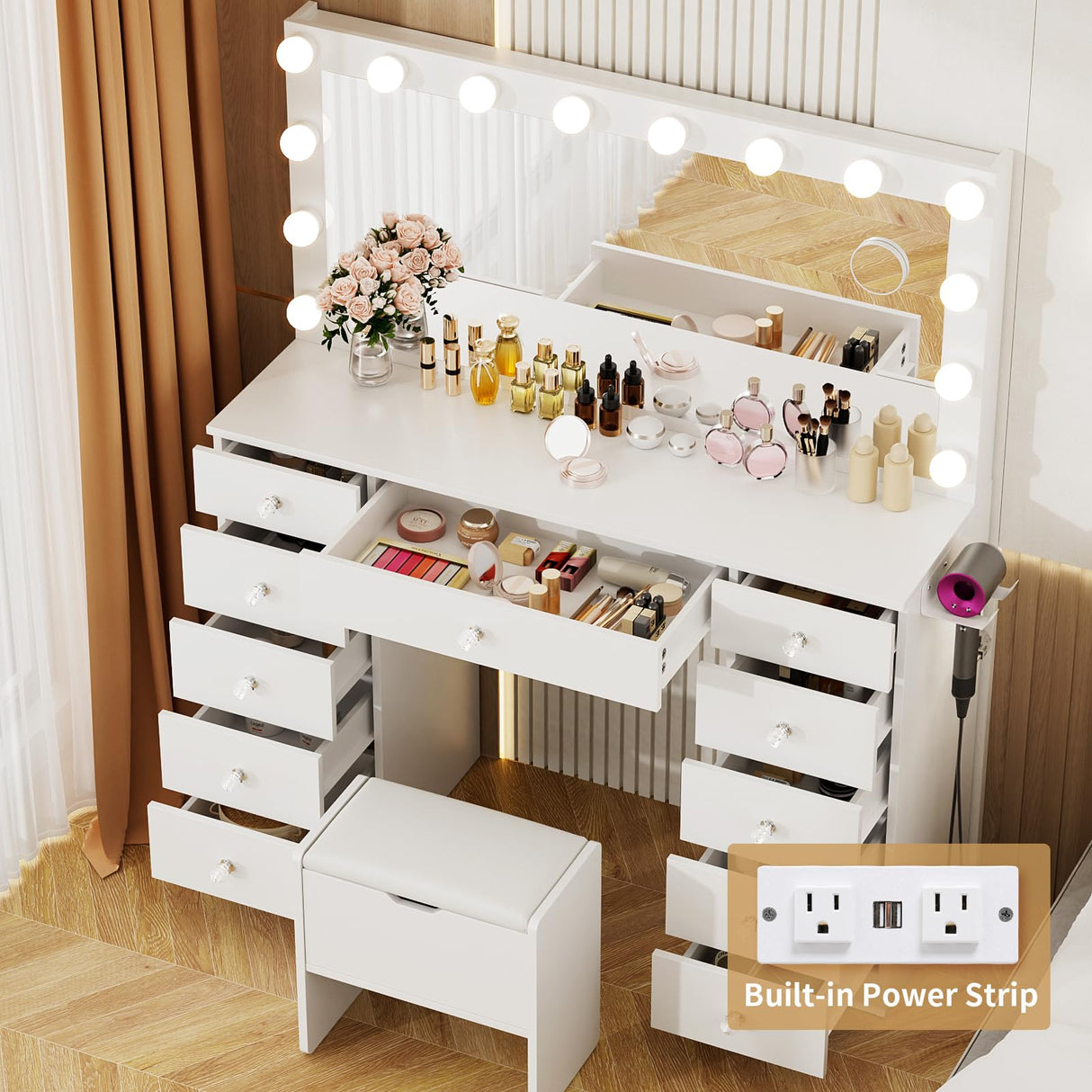 VOWNER Vanity with Lighted Mirror - Makeup Vanity Desk with 11 Drawers and Outlet, 3 Color Lighting Modes Adjustable Brightness, 46" Vanity Table with Soft Cushioned Stool for Bedroom, White VOWNER