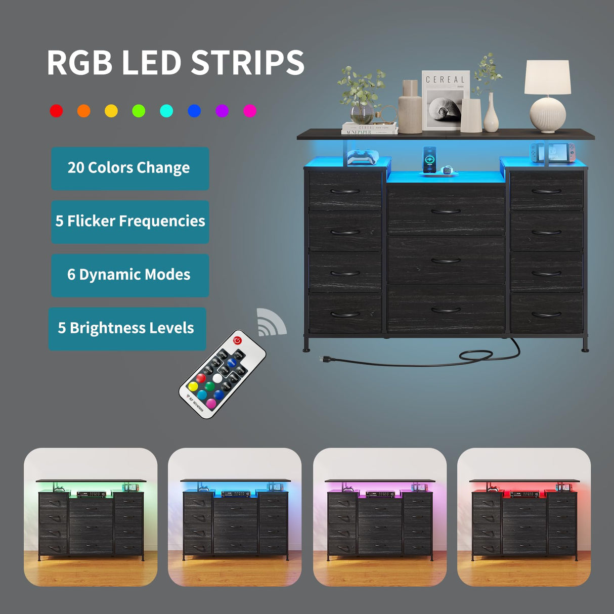 LUMTOK 11 Drawers Dresser with Fabric Drawers,Charging Station, LED Lights and Shelves for Bedroom, Living Room, Hallway, Nursery Storage Organization (Black Wood Veins) LUMTOK