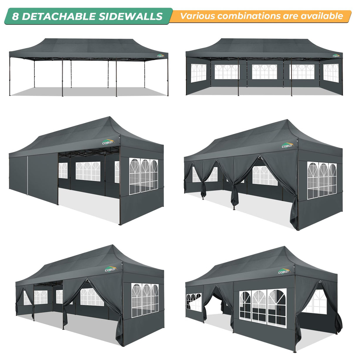 COBIZI Heavy Duty 10x30 Party Tent, Commercial 10x30 pop up Canopy for Parties Waterproof Gazebos with 8 Sidewalls, All Season Wind & Waterproof UPF50+,Stable Thickened Frame COBIZI