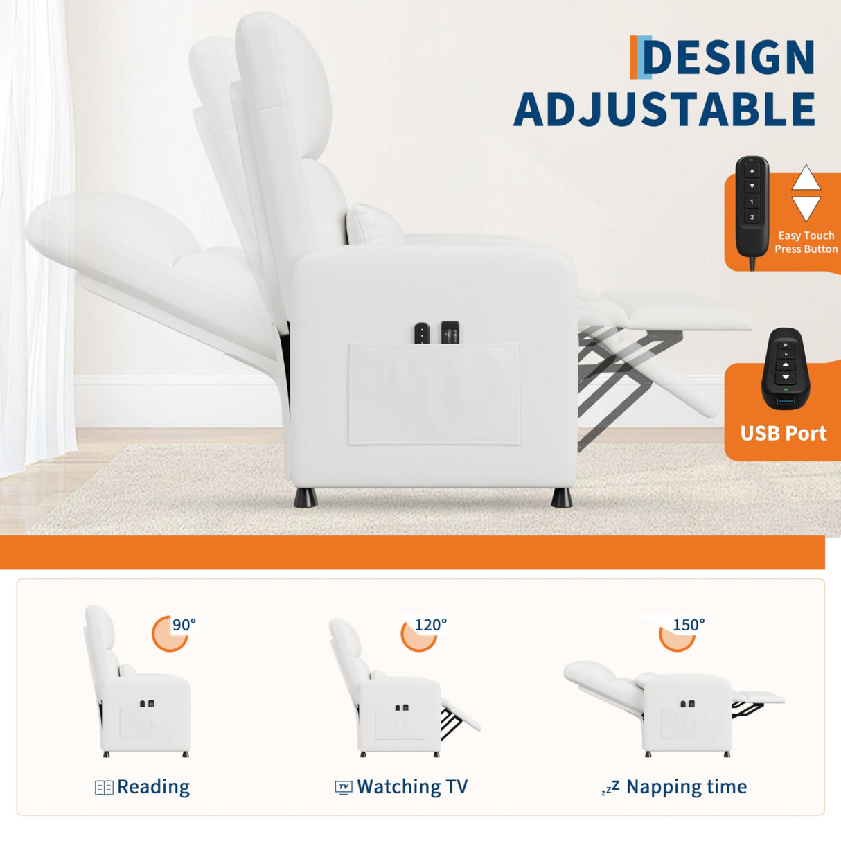 GarveeHome Power Recliner Chair, Adjustable Electric Recliner Ergonomic Overstuffed PU Leather Single Sofa, Tall Back, Padded Seat, 2 Side Pockets and USB Port, Home Theater Seating for Living Room GarveeHome