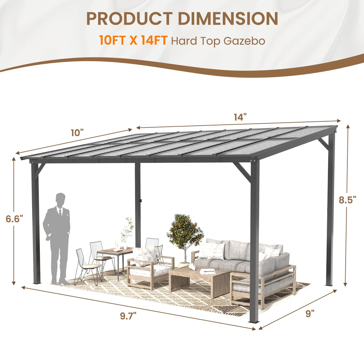 VONZOY 10' x 14' Gazebo, Hardtop Wall Mounted Lean to Gazebo Pergola for Patio, Large Aluminum Pergola Awnings for Decks, Patio, Backyard, Porch VONZOY