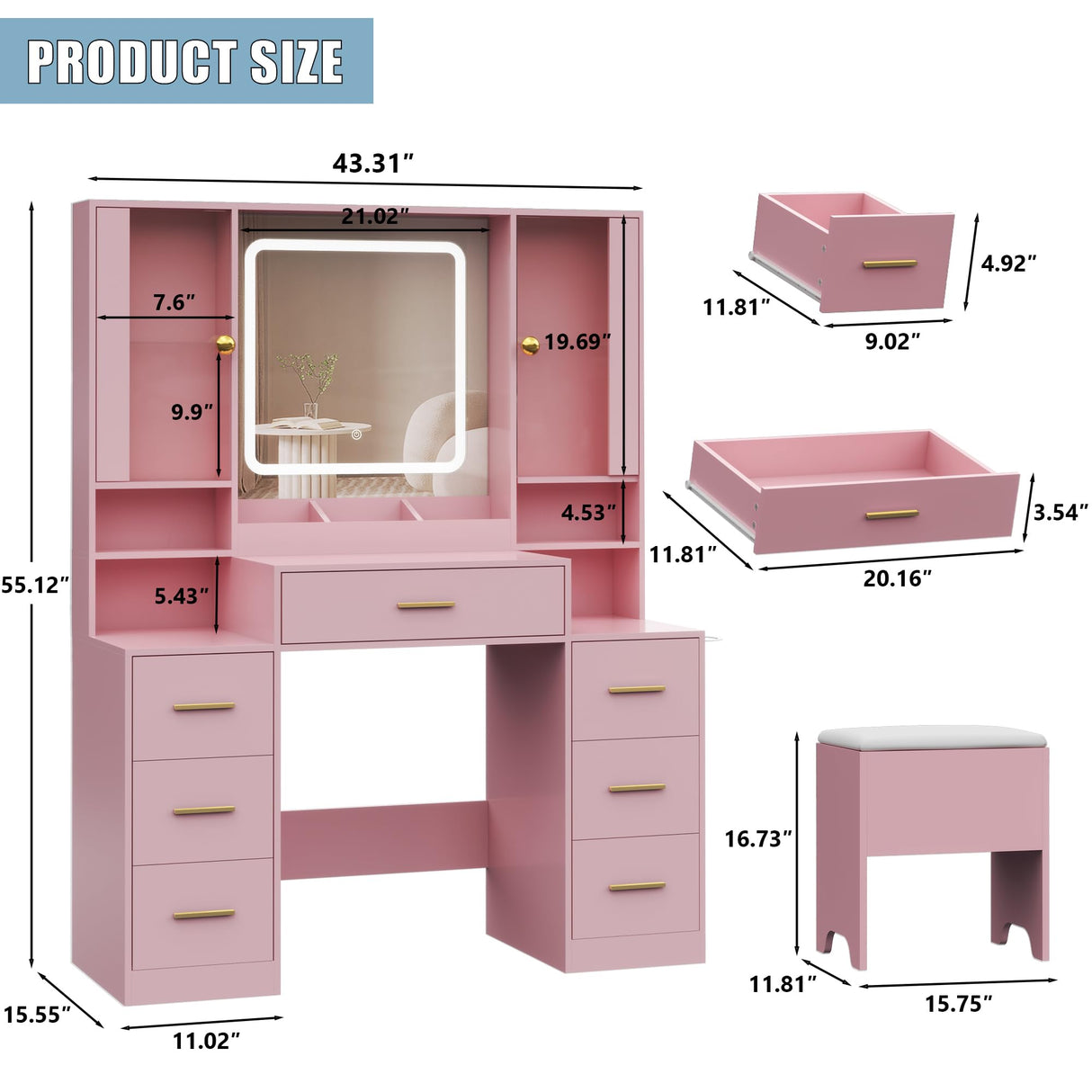 HUANLEGO Makeup Vanity Desk with Mirror and Lights, Pink Vanity Mirror with Lights Desk with Chair & LED Glass Cabinet, Vanity Set with Lighted Mirror & Power Outlet, Dressing Table with 7 Drawers HUANLEGO