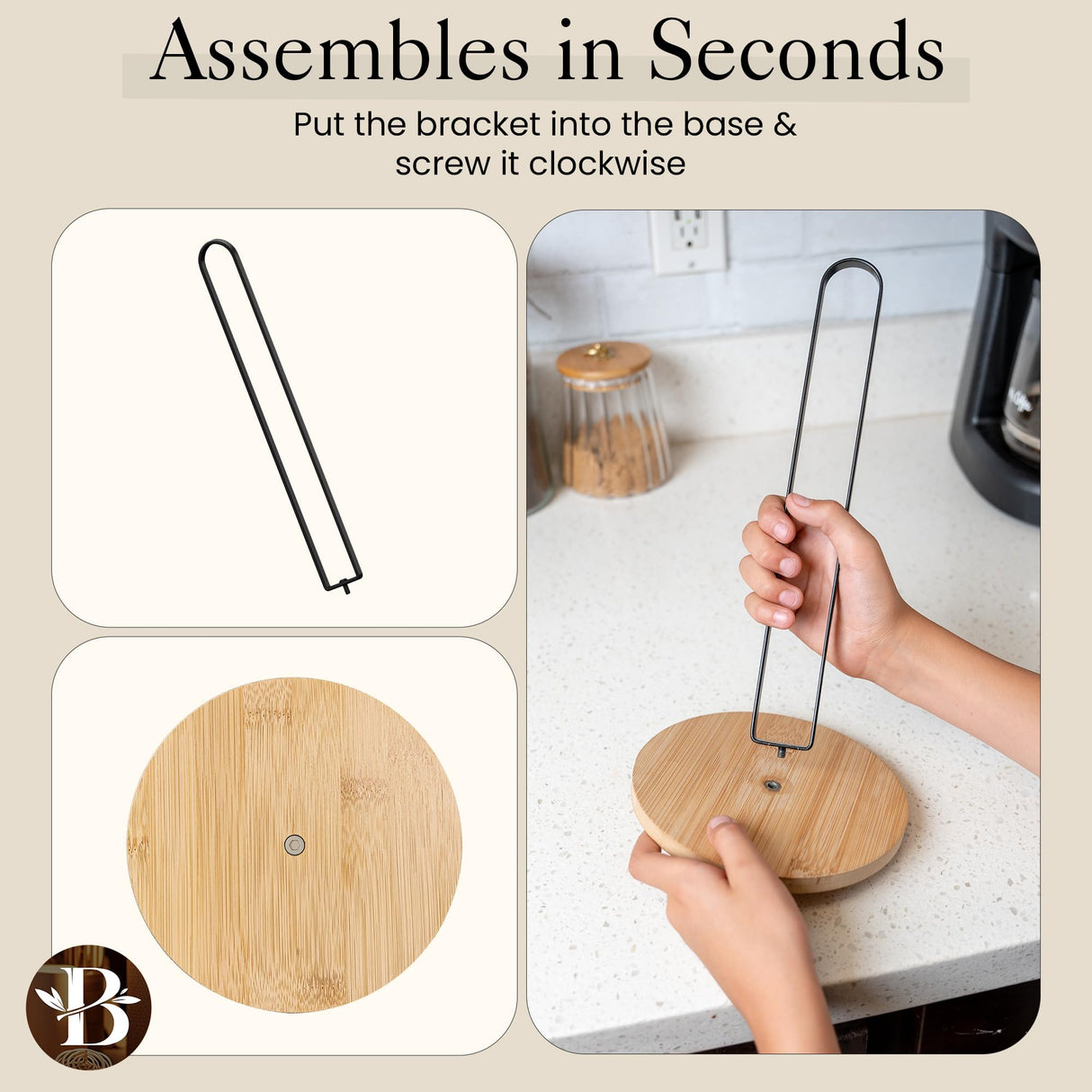 Paper Towel Holder - Wooden Paper Towel Holder with Non-Slip Wood Base, Minimalistic Modern Style, Countertop Paper Towel Holder, Black Paper Towels Holder, Paper Towel Stand for Kitchen, Home, Office Bambüsi