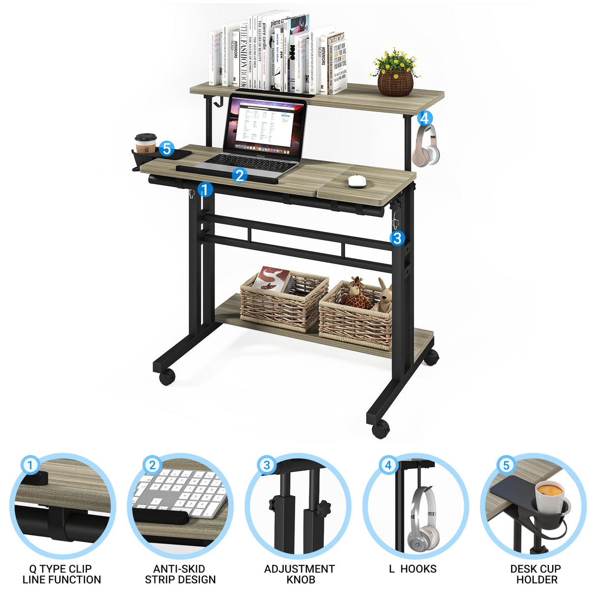 Mobile Standing Desk, Adjustable Rolling Computer Desk with 3 Desktops, Portable Laptop Table with Cup Holder, Home Office Laptop Workstation on Lockable Wheels, Grey Oak Panta