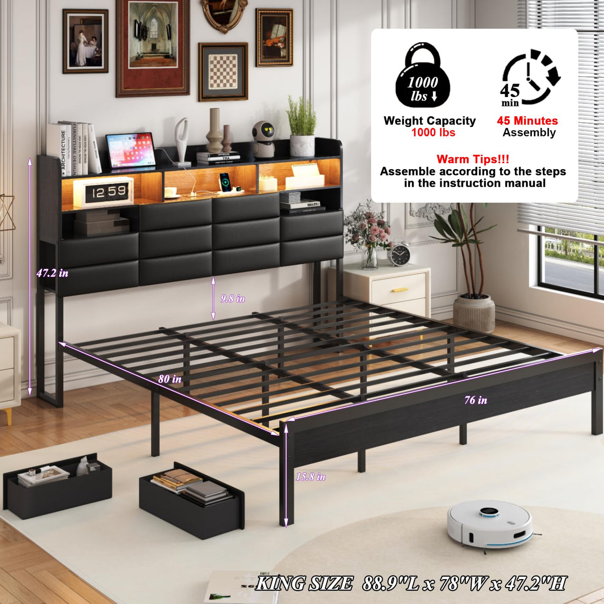 Etditrnp King Size Black Bed Frame with 2 Storage Drawers and Charging Station, Upholstered Bed Frame with PU Leather Headboard LED Lights, Metal Slats Support, No Box Spring Needed, Noise Free Etditrnp